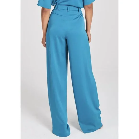 ZENA PRESLEY Teal Satin Palazzo Wide Leg Pants Drapey - Women's Size M - Picture 2 of 15